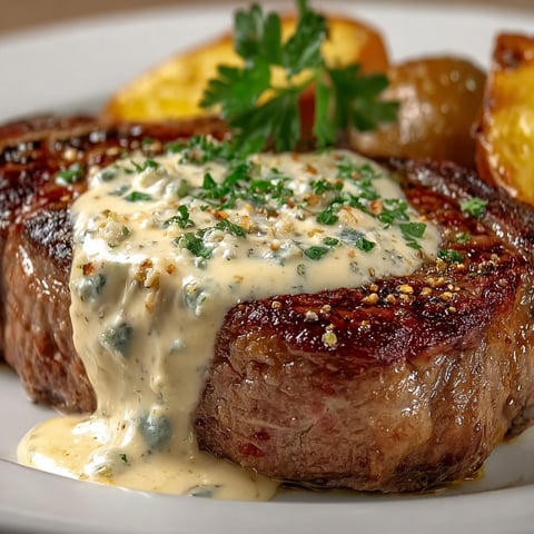 On pose une entrecôte nappée de gorgonzola à côté de pommes de terre et quelques herbes.
