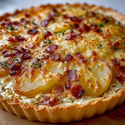 Superbe tarte paysanne au lard, pommes de terre et oignons, dressée sur une planche en bois.
