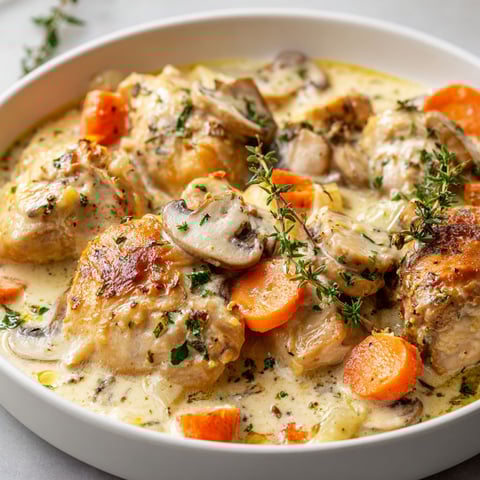 Un bol blanc rempli de blanquette de poulet, super appétissant.