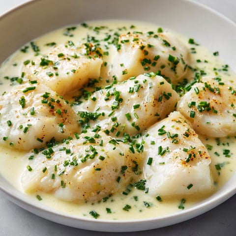 Délicieux poisson nappé de crème à l’ail et ciboulette.