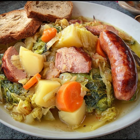 Une potée auvergnate bien conviviale avec des légumes, de la viande et du pain grillé, bien réchauffante.