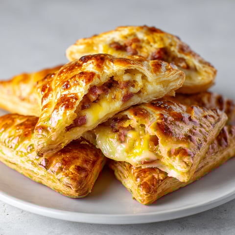Chaussons à la raclette et bacon posés sur une assiette blanche, bien dorés et appétissants.