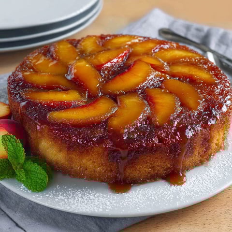 Ce moelleux renversé aux pêches caramélisées trône sur un joli plat.