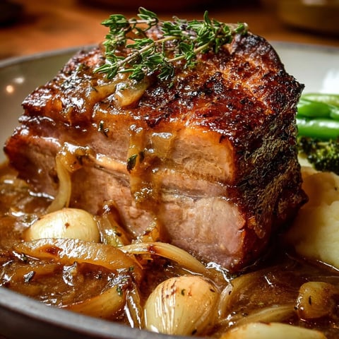 Plat de rouelle de porc gourmande nappé d'une sauce à l’ail et oignons, présenté en plat familial.