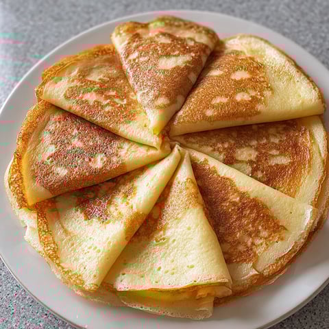 Crêpe bien dorée, pleine de beurre et d’œufs, posée sur un plateau.