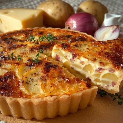 On découvre une belle quiche montagnarde inspirée raclette, accompagnée de pommes de terre et d’oignons.
