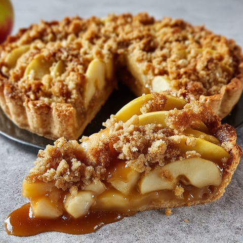 Une tarte aux pommes façon crumble, bien dorée, est posée sur un plateau à partager.