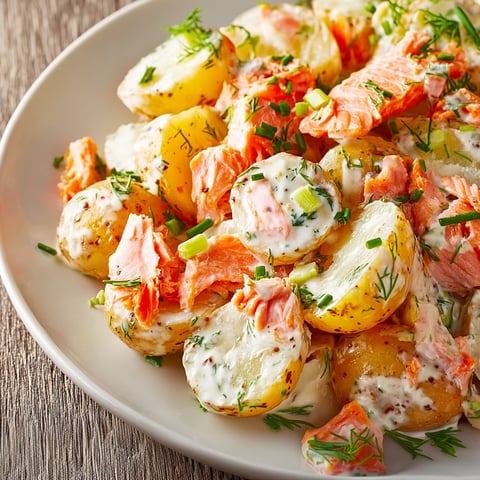 Sur un plateau, une belle salade composée de pommes de terre, saumon, herbes et morceaux de légumes.