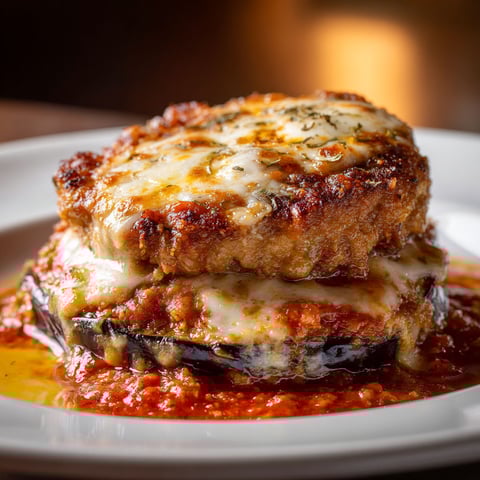 On voit une galette de porc alla parmigiana déposée sur un plat.