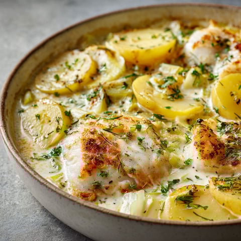 Délicieuse casserole avec sole et pommes de terre, parfaitement dorée et gourmande.