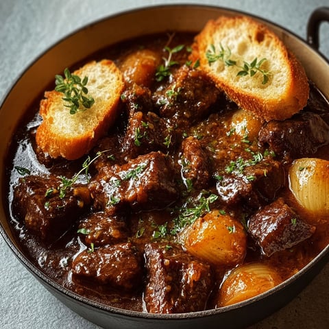 On découvre une carbonade flamande à la bière blonde servie dans un petit bol métallique.