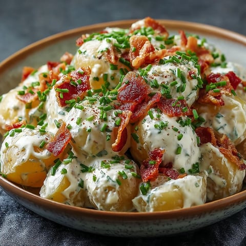 Dans un bol, une bonne salade de pommes de terre avec bacon et ail attend d’être mangée.
