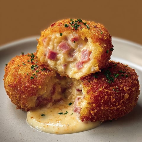 Plateau de croquettes dorées au jambon et béchamel, avec un peu de parmesan par-dessus, prêtes à être partagées.