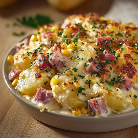 Une belle assiette remplie de pommes de terre crémeuses avec du jambon, du maïs et des herbes fraîches sur le dessus.