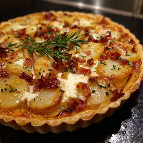 Sur un plat, une tarte garnie de pommes de terre, camembert chaud et lardons grillés.