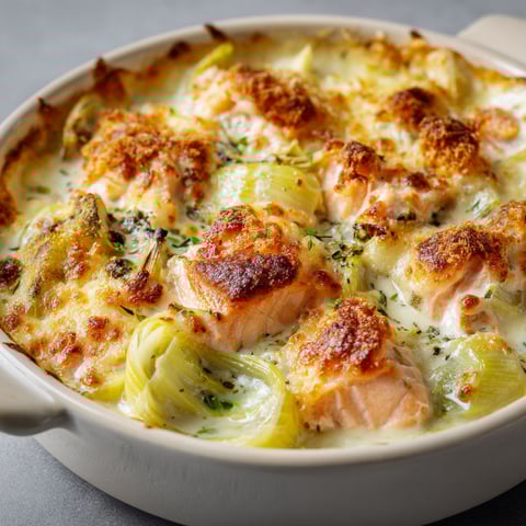 On sert une cassolette de saumon et poireaux gratinés dans un joli ramequin.