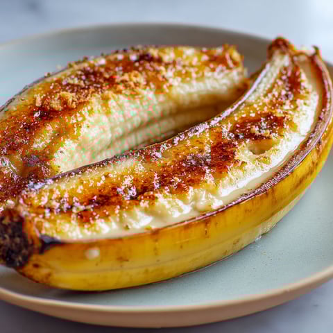 On retrouve une banane rôtie garnie de crème brûlée posée sur un joli plateau.