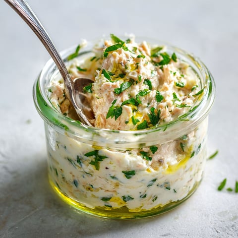 Dans une assiette, le thon crémeux parsemé d’herbes, prêt à être savouré à la cuillère en argent.