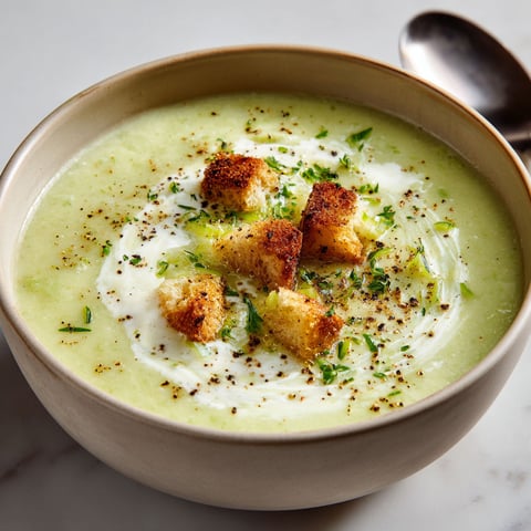 Bol de soupe poireaux et Boursin, bien crémeuse, dans une vaisselle blanche.