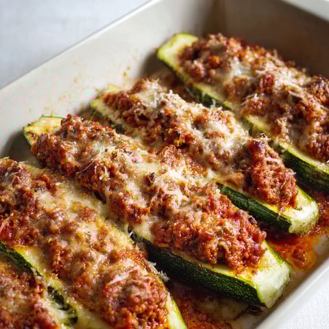 Des courgettes à la bolognaise fondantes et gratinées, prêtes à être dégustées.