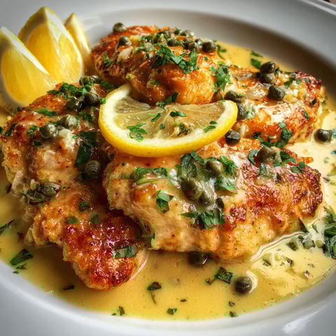 Blancs de poulet au citron et câpres (piccata) posés sur un plateau.