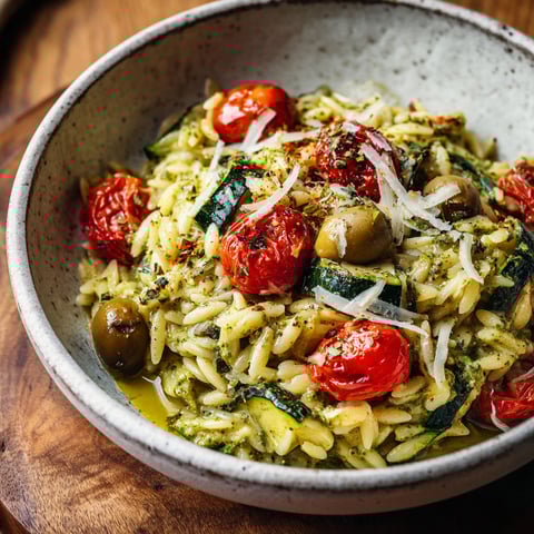 Bol rempli d'orzo au pesto et courgettes.