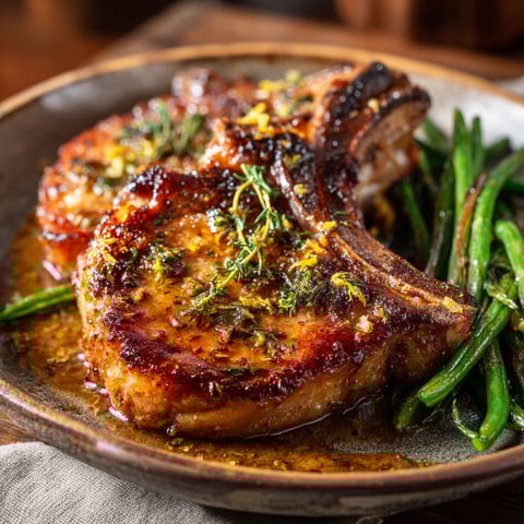 Un joli plat de côtelettes de porc au citron et thym, avec des légumes bien verts sur le côté.