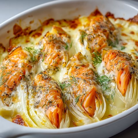 Un plat d'endives gratinées au saumon fumé, servi avec de la crème au citron et du fromage, dans un bol blanc.