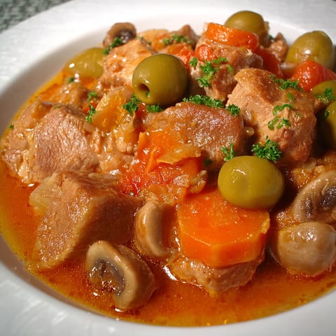 Un grand plat de sauté de porc en ragoût est posé sur une planche.