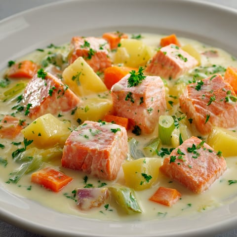 Un plat avec du saumon, poireaux et carottes dans une sauce crémeuse, prêt à être dégusté.