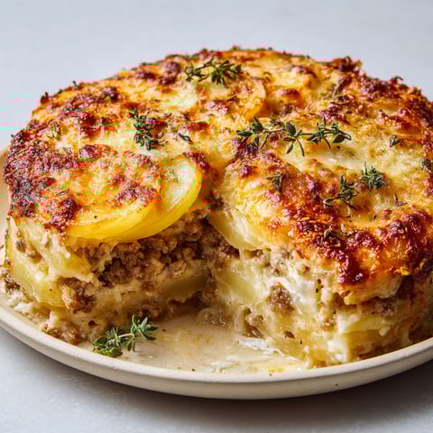 Une généreuse part de gratin campagnard à la viande hachée et pommes de terre, posée sur un joli plat.