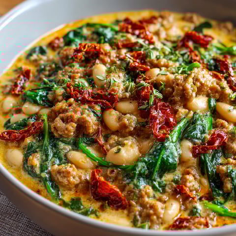 Dans un bol posé sur la table, on trouve un mélange de haricots, saucisses, épinards et tomates recouvert d’une sauce toute crémeuse.