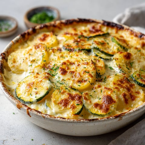 Un gratin de courgettes dauphinois bien doré dans un bol en céramique.