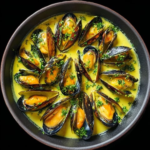 Mouclade charentaise classique – Des moules avec plein d’herbes dans une cocotte.