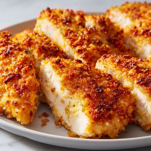 De beaux morceaux de poulet croustillant au parmesan disposés sur une assiette blanche.