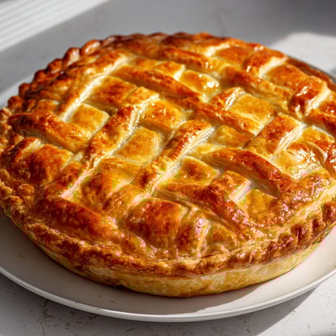Une belle tourte au poulet et légumes posée sur un grand plateau.