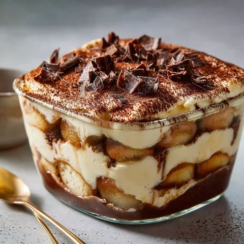 Une belle part de tiramisu chocolat poire dans un bol, nappée de chocolat fondu.