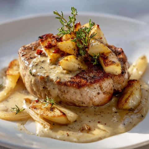 Un filet mignon de porc et des pommes sur un plateau avec une sauce bien crémeuse.