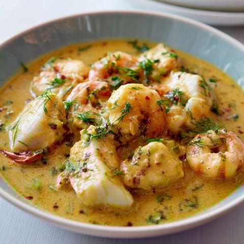 Une belle assiette de poisson à la sauce coco et curry, parsemée d'herbes et de légumes frais.