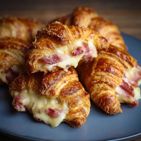 Des croissants bien dorés pleins de lardons croustillants et de fromage coulant dans l’assiette.