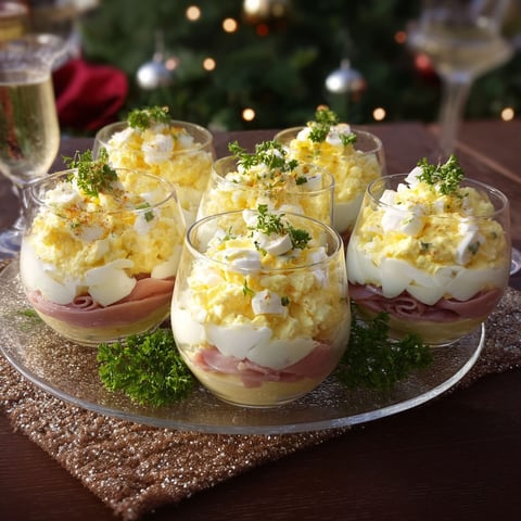 Des verrines œufs mimosa super festives posées sur une jolie table, avec un verre de champagne pas loin.