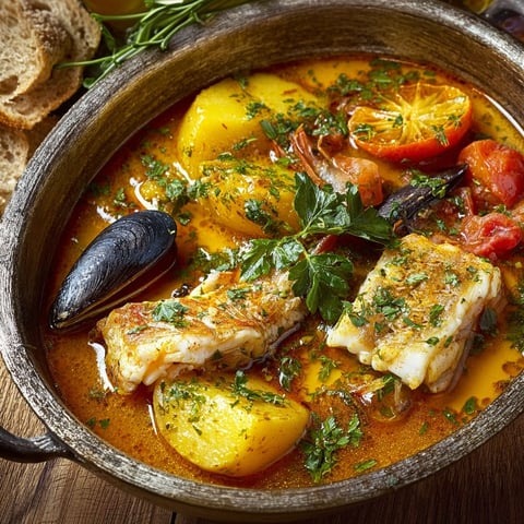 Grande bouillabaisse marseillaise pleine de poissons et légumes frais.