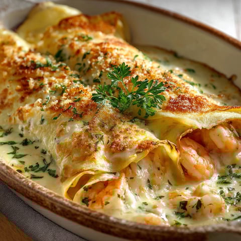 Crêpes pleines de fruits de mer, recouvertes de sauce crémeuse et dorées au four.