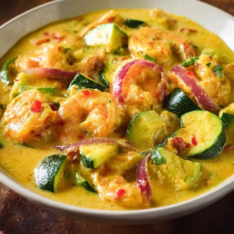 Ce plat coloré marie les courgettes, les crevettes et le lait de coco pour un résultat plein de saveurs.