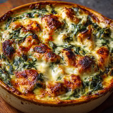 Plat tout doré de poulet gratiné aux épinards et fromage fondu.