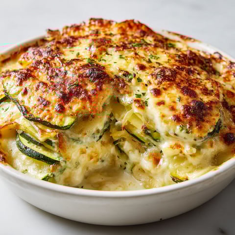 Un grand plat de gratin savoyard déborde de courgettes et d'herbes servi sur une table claire.