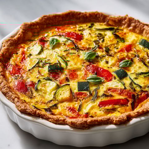 Une quiche bien garnie de courgettes, tomates et poivrons, prête à se régaler.