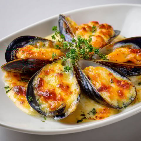 Moules gratinées à la crème et fromage.