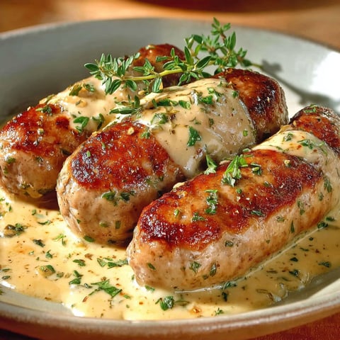 Andouillettes à la moutarde à l'ancienne servies sur assiette en porcelaine.