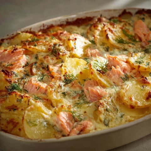 Une belle gratinée de pommes de terre avec saumon et aneth servie dans un plat en céramique.